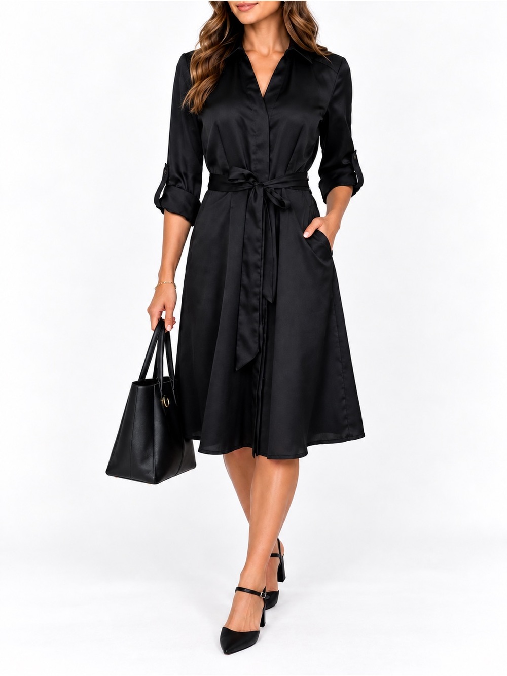 Black Midi Shirt Dress Satin Silky Size 0 2 Button Down Belted Modest Classic